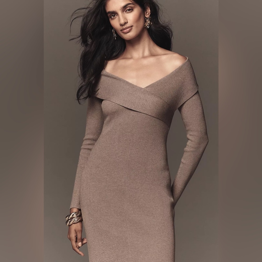 Brand New Anthropologie Off-Shoulder Grey/Brown Slim Sweater Dress, 1X, NWT